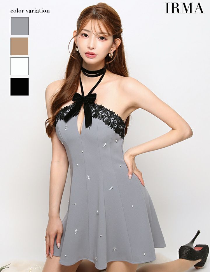 IRMA イルマ ホルターリボン/レースパイピング/バストカット/ビジュー/フレア ミニドレス ir51934