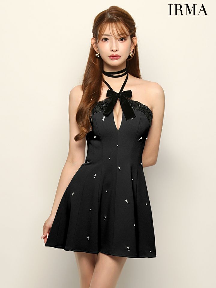 IRMA イルマ ホルターリボン/レースパイピング/バストカット/ビジュー/フレア ミニドレス ir51934