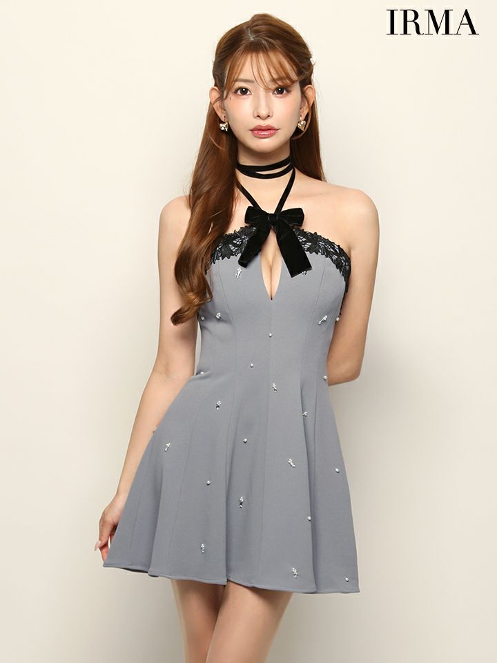 IRMA イルマ ホルターリボン/レースパイピング/バストカット/ビジュー/フレア ミニドレス ir51934