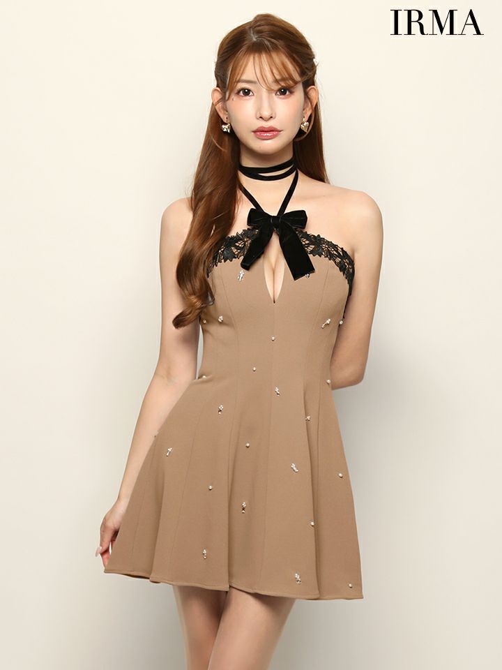 IRMA イルマ ホルターリボン/レースパイピング/バストカット/ビジュー/フレア ミニドレス ir51934