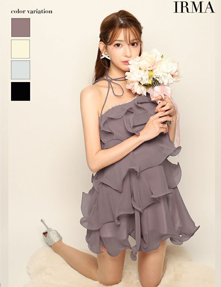 IRMA イルマ シフォンティアード/ワンショル/ネックリボン/フレア ミニドレス ir51935
