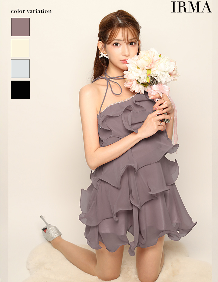 IRMA イルマ シフォンティアード/ワンショル/ネックリボン/フレア ミニドレス ir51935