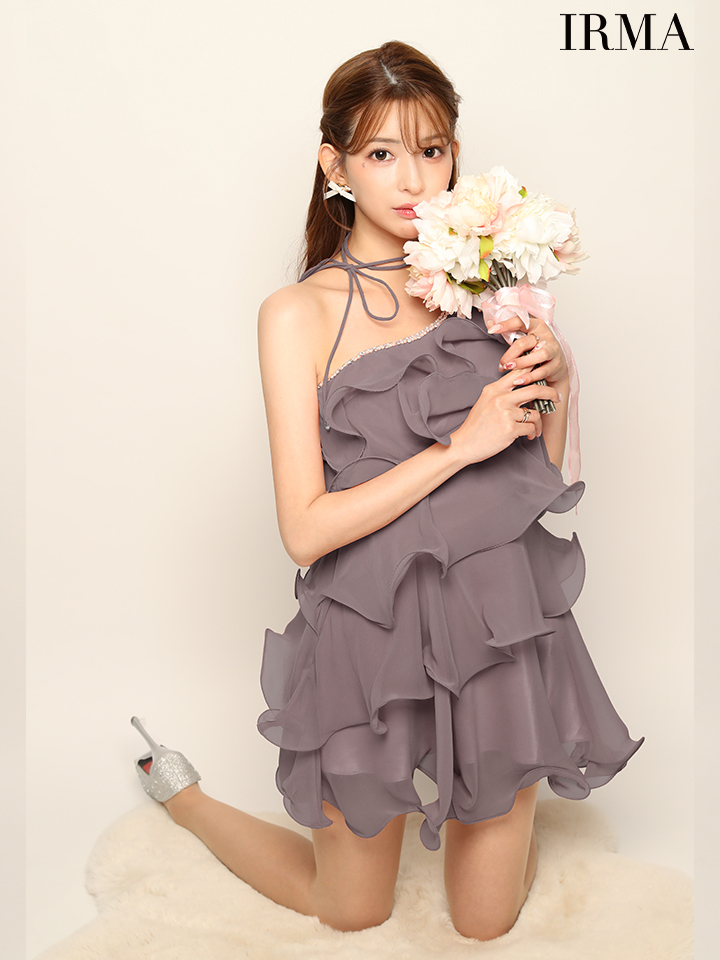 IRMA イルマ シフォンティアード/ワンショル/ネックリボン/フレア ミニドレス ir51935