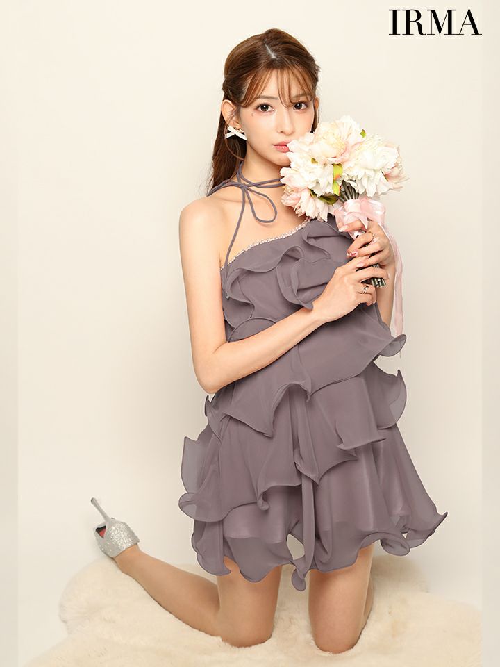 IRMA イルマ シフォンティアード/ワンショル/ネックリボン/フレア ミニドレス ir51935
