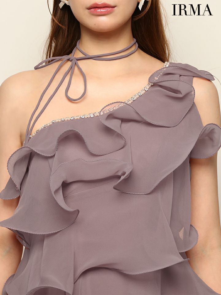 IRMA イルマ シフォンティアード/ワンショル/ネックリボン/フレア ミニドレス ir51935