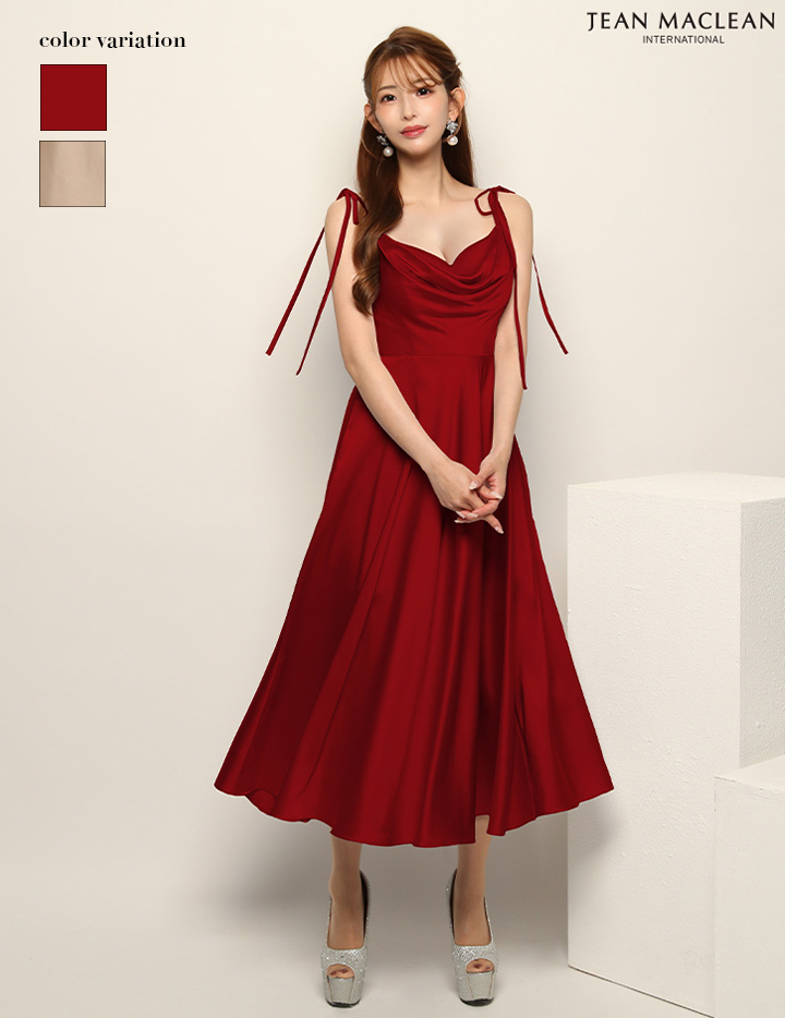 JEAN MACLEAN ジャンマクレーン ワンカラー/バストドレープ/ショルダーリボン/サテン/ミモレ丈/ミディアムドレス ja51942