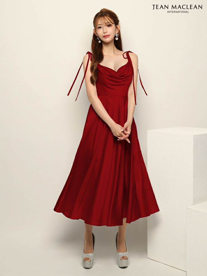 JEAN MACLEAN ジャンマクレーン ワンカラー/バストドレープ/ショルダーリボン/サテン/ミモレ丈/ミディアムドレス ja51942