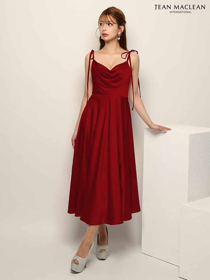 JEAN MACLEAN ジャンマクレーン ワンカラー/バストドレープ/ショルダーリボン/サテン/ミモレ丈/ミディアムドレス ja51942