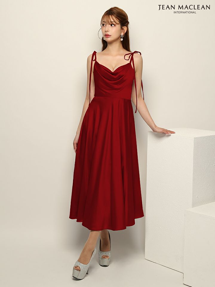 JEAN MACLEAN ジャンマクレーン ワンカラー/バストドレープ/ショルダーリボン/サテン/ミモレ丈/ミディアムドレス ja51942