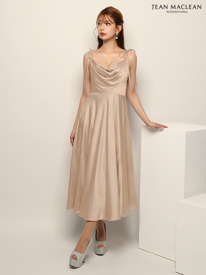 JEAN MACLEAN ジャンマクレーン ワンカラー/バストドレープ/ショルダーリボン/サテン/ミモレ丈/ミディアムドレス ja51942
