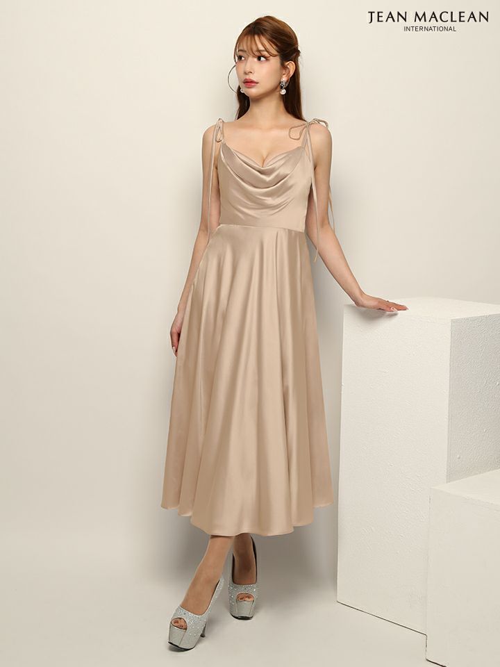 JEAN MACLEAN ジャンマクレーン ワンカラー/バストドレープ/ショルダーリボン/サテン/ミモレ丈/ミディアムドレス ja51942