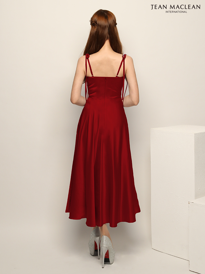 JEAN MACLEAN ジャンマクレーン ワンカラー/バストドレープ/ショルダーリボン/サテン/ミモレ丈/ミディアムドレス ja51942