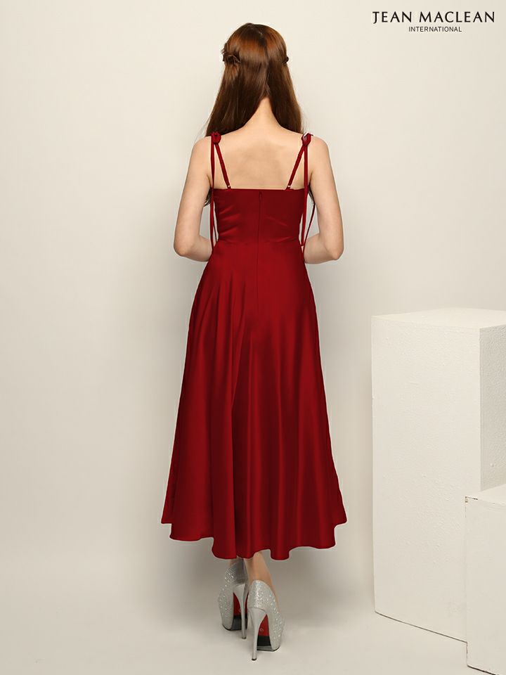 JEAN MACLEAN ジャンマクレーン ワンカラー/バストドレープ/ショルダーリボン/サテン/ミモレ丈/ミディアムドレス ja51942