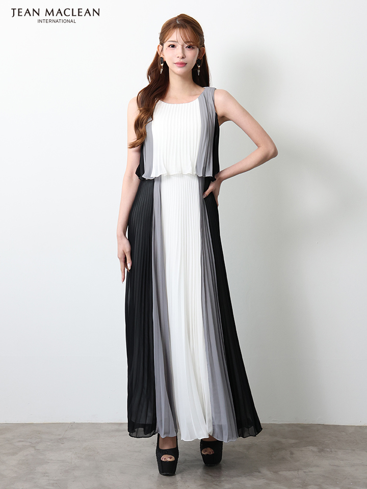 JEAN MACLEAN ジャンマクレーン グラデーション/シフォン/ウエスト切替/プリーツ/ミモレ丈/ロングドレス ja51950