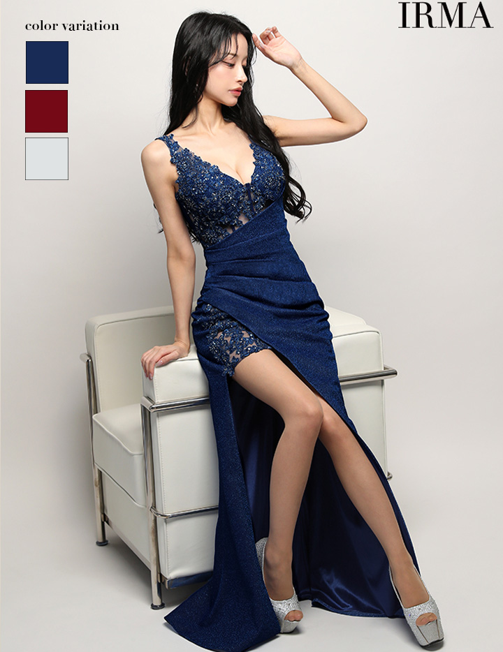 IRMA イルマ ワンカラー/ラメニット/刺繍/メッシュ/サイドシアー/スリット入り/タイト ロングドレス ir51945