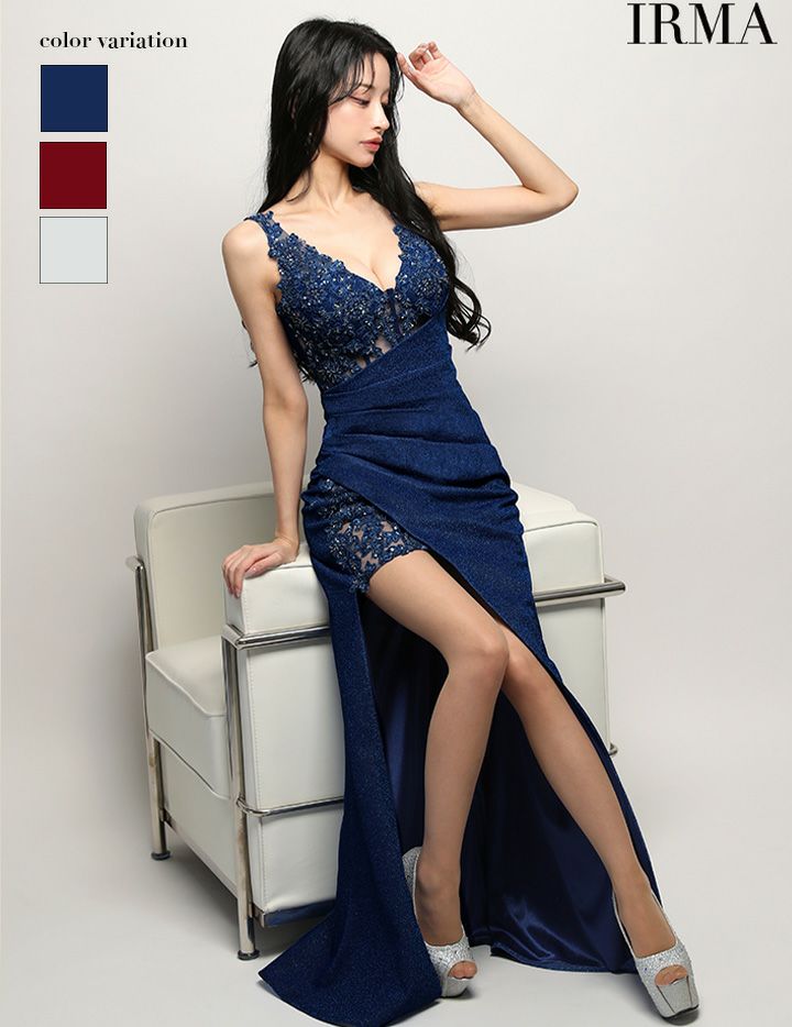 IRMA イルマ ワンカラー/ラメニット/刺繍/メッシュ/サイドシアー/スリット入り/タイト ロングドレス ir51945