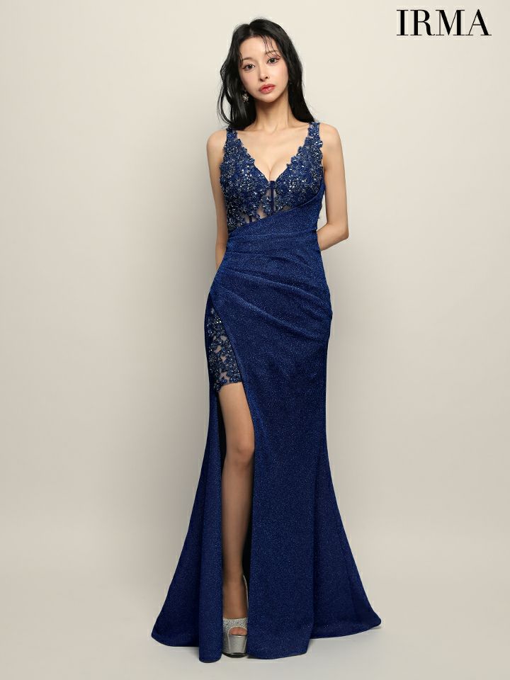 IRMA イルマ ワンカラー/ラメニット/刺繍/メッシュ/サイドシアー/スリット入り/タイト ロングドレス ir51945