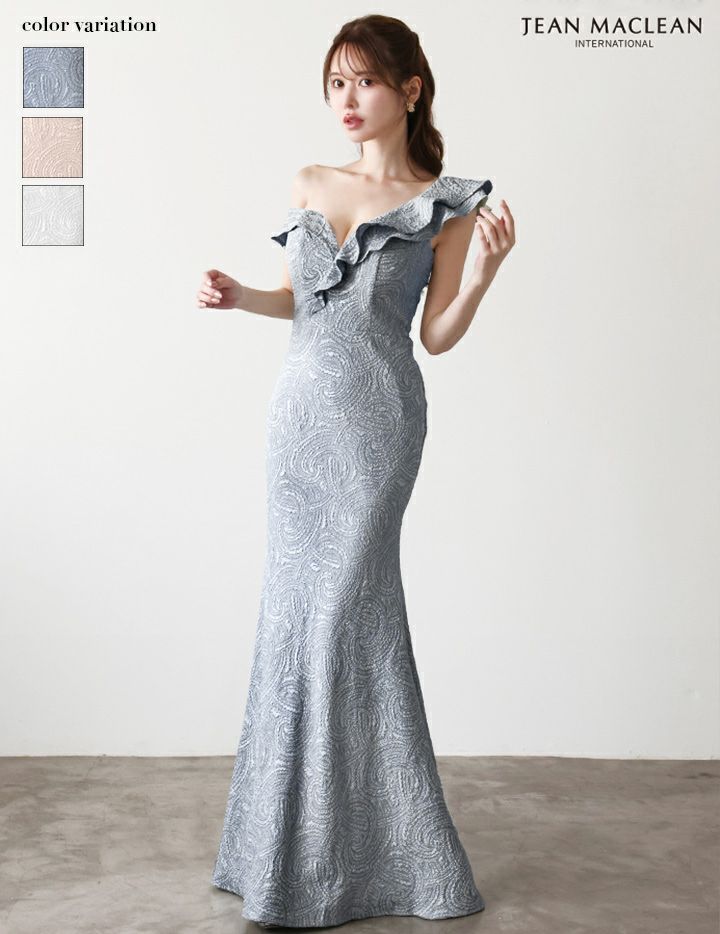 JEAN MACLEAN ジャンマクレーン ジャガード/ワンオフショル/アシンメトリーフリル/マーメイドライン/タイト ロングドレス ja51948