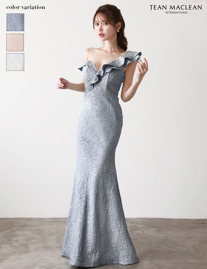 JEAN MACLEAN ジャンマクレーン ジャガード/ワンオフショル/アシンメトリーフリル/マーメイドライン/タイト ロングドレス ja51948