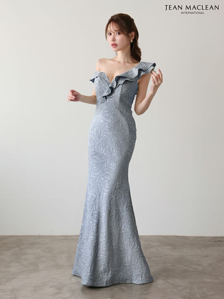 JEAN MACLEAN ジャンマクレーン ジャガード/ワンオフショル/アシンメトリーフリル/マーメイドライン/タイト ロングドレス ja51948