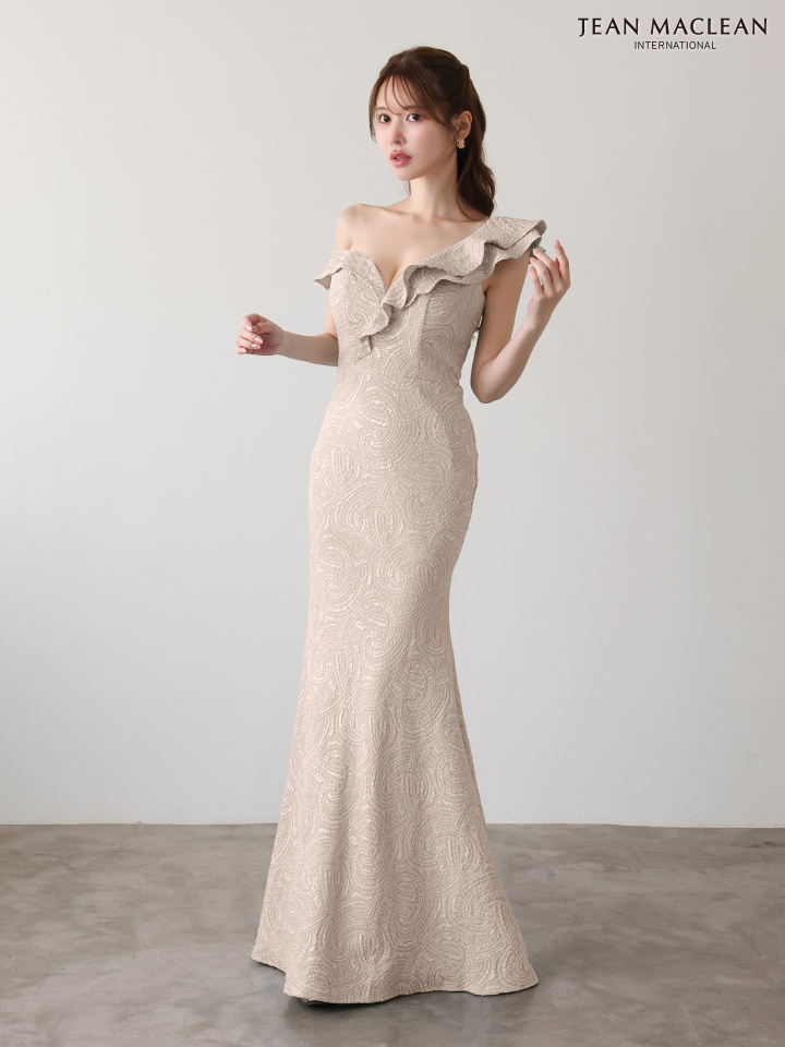 JEAN MACLEAN ジャンマクレーン ジャガード/ワンオフショル/アシンメトリーフリル/マーメイドライン/タイト ロングドレス ja51948