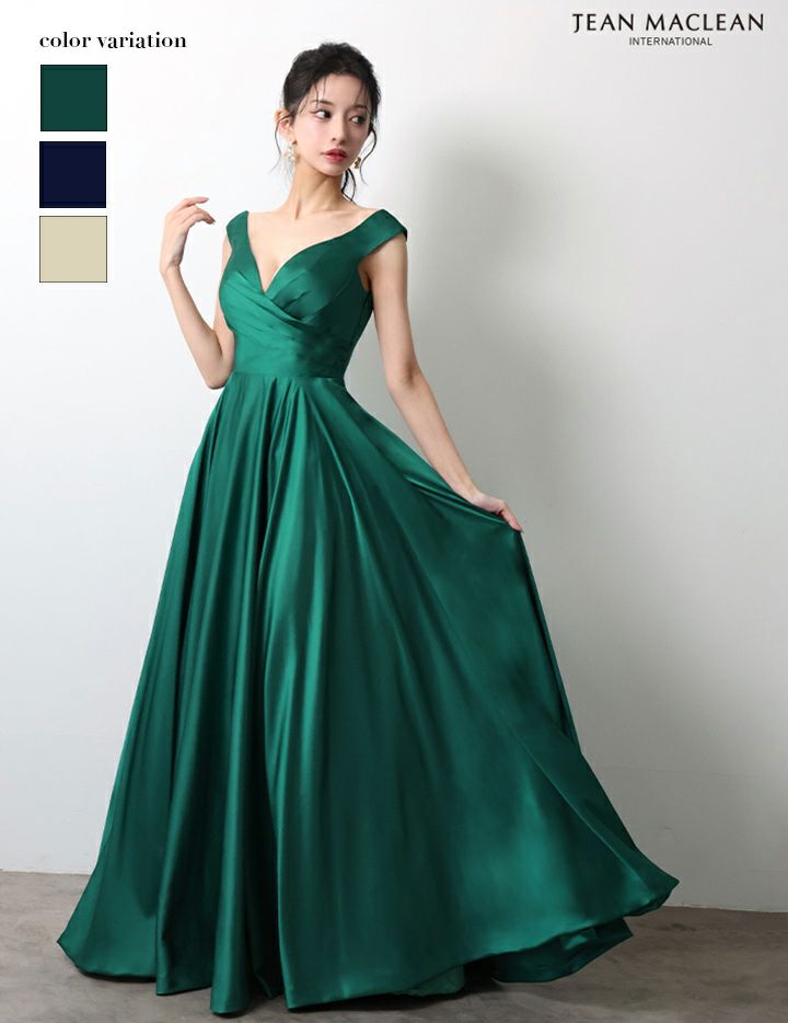 JEAN MACLEAN ジャンマクレーン ワンカラー/サテン/タックデザイン/Aライン/フレア/ロングドレス ja51949