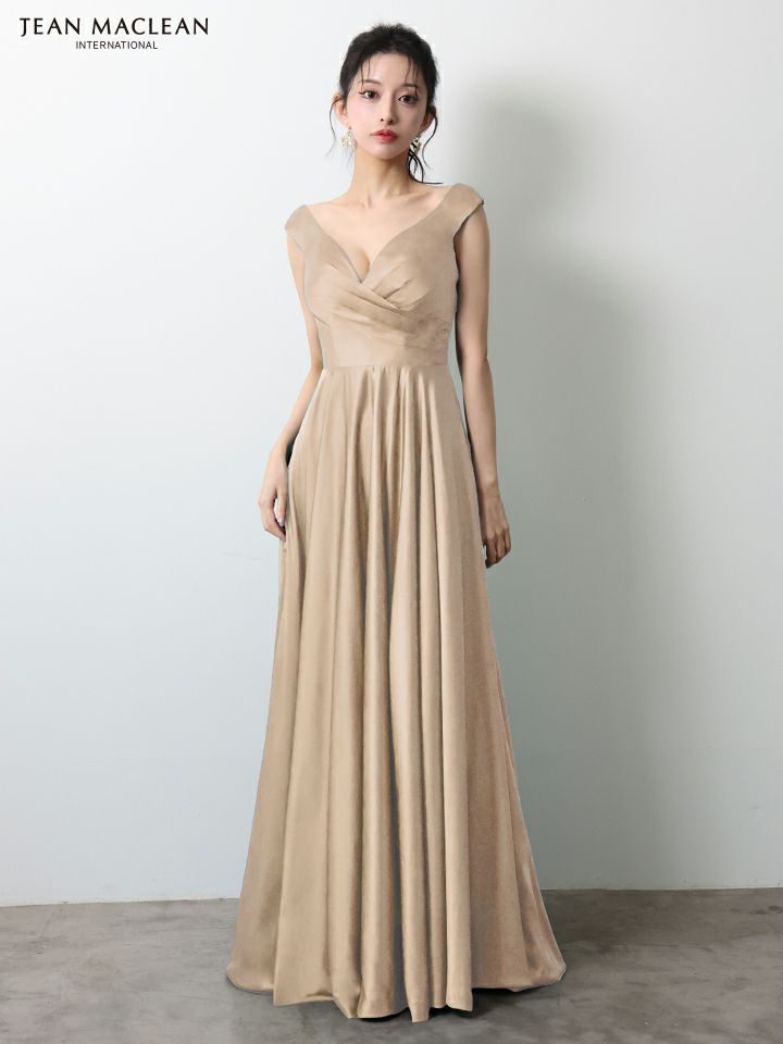 JEAN MACLEAN ジャンマクレーン ワンカラー/サテン/タックデザイン/Aライン/フレア/ロングドレス ja51949