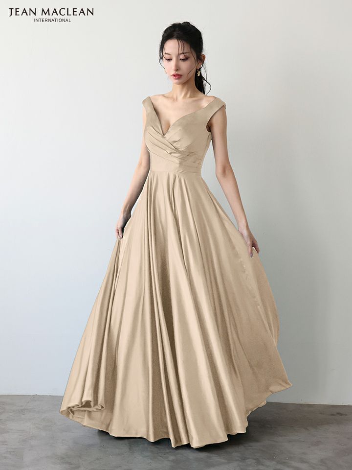 JEAN MACLEAN ジャンマクレーン ワンカラー/サテン/タックデザイン/Aライン/フレア/ロングドレス ja51949