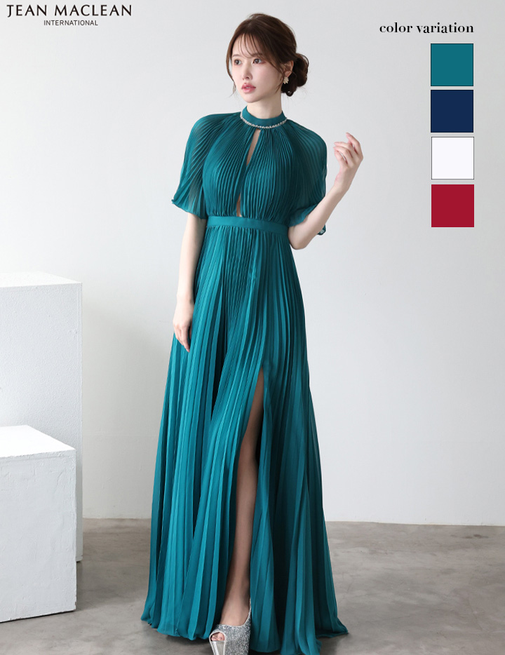 JEAN MACLEAN ジャンマクレーン ワンカラー/半袖/フロントカットアウト/プリーツ/Aライン/ロングドレス ja51951