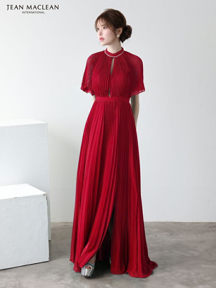 JEAN MACLEAN ジャンマクレーン ワンカラー/半袖/フロントカットアウト/プリーツ/Aライン/ロングドレス ja51951