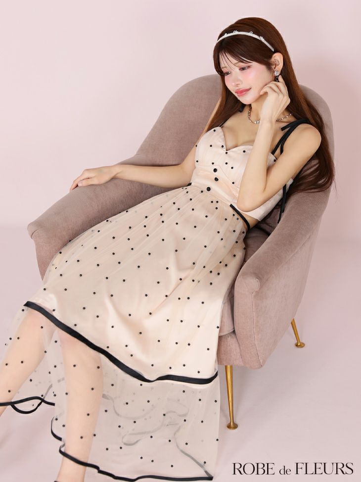 ROBE de FLEURS ローブドフルール パールドットチュールウエストカットフレアロングキャバドレス fm3298