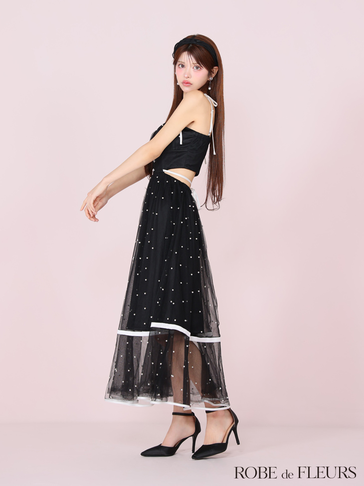 ROBE de FLEURS ローブドフルール パールドットチュールウエストカットフレアロングキャバドレス fm3298