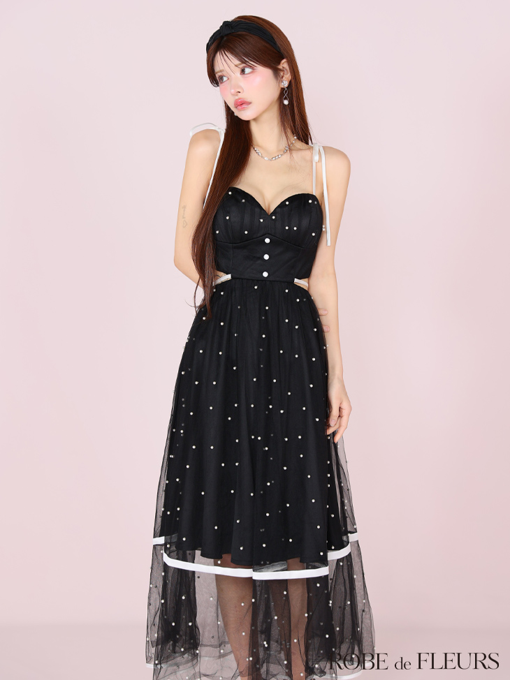 ROBE de FLEURS ローブドフルール パールドットチュールウエストカットフレアロングキャバドレス fm3298