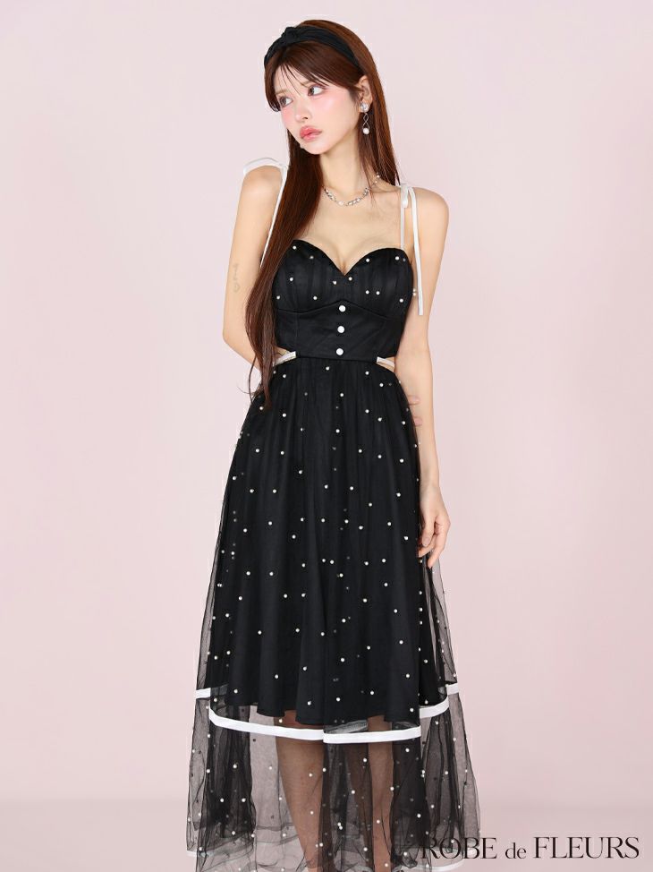 ROBE de FLEURS ローブドフルール パールドットチュールウエストカットフレアロングキャバドレス fm3298