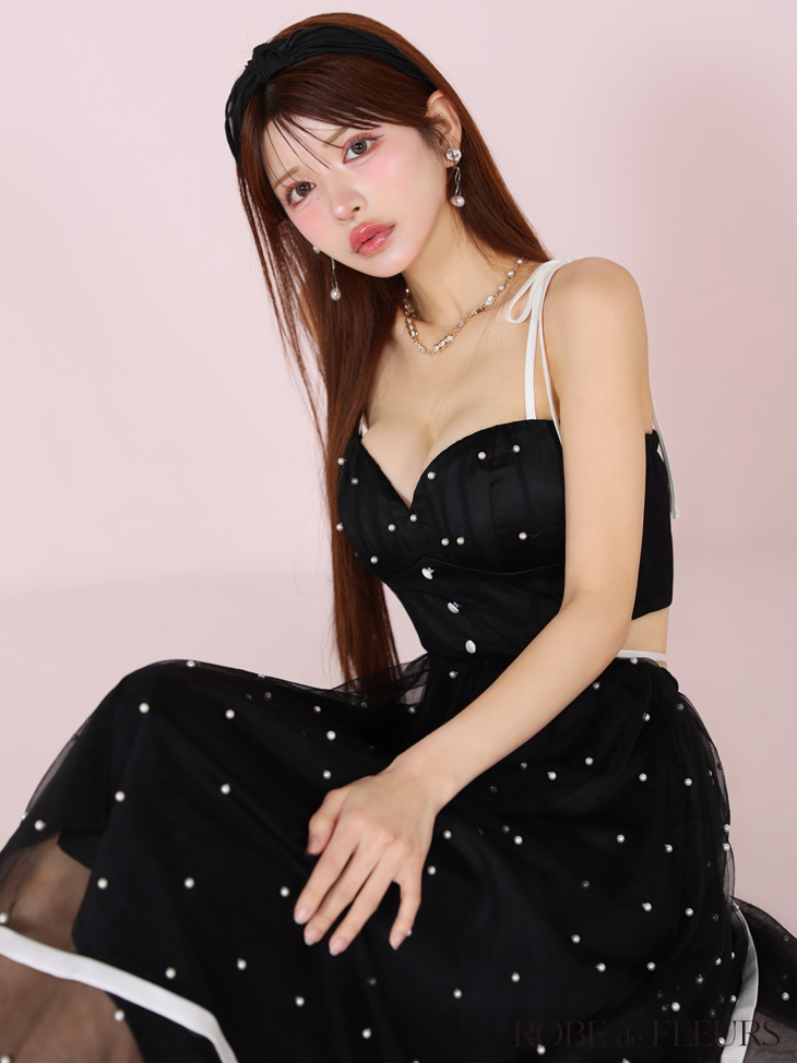 ROBE de FLEURS ローブドフルール パールドットチュールウエストカットフレアロングキャバドレス fm3298