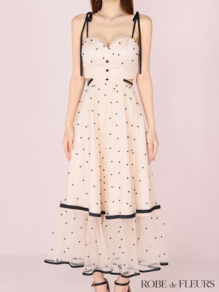 ROBE de FLEURS ローブドフルール パールドットチュールウエストカットフレアロングキャバドレス fm3298