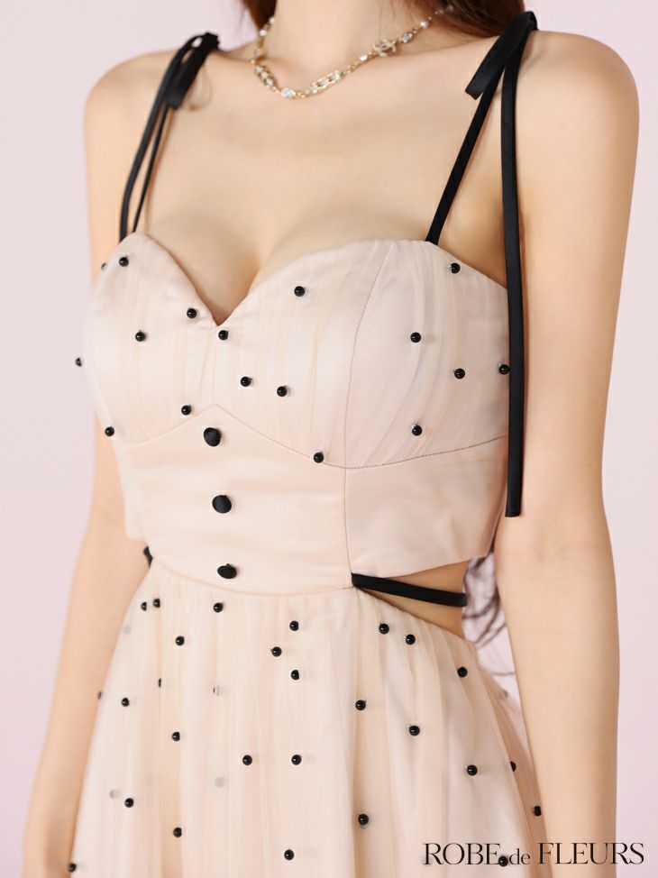 ROBE de FLEURS ローブドフルール パールドットチュールウエストカットフレアロングキャバドレス fm3298