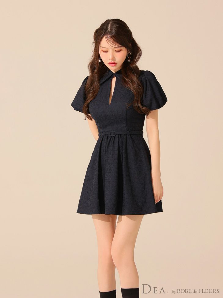 DEA. ディア バイ ローブドフルール ワッフル素材クラシカル襟付きフレアミニキャバドレス de4319