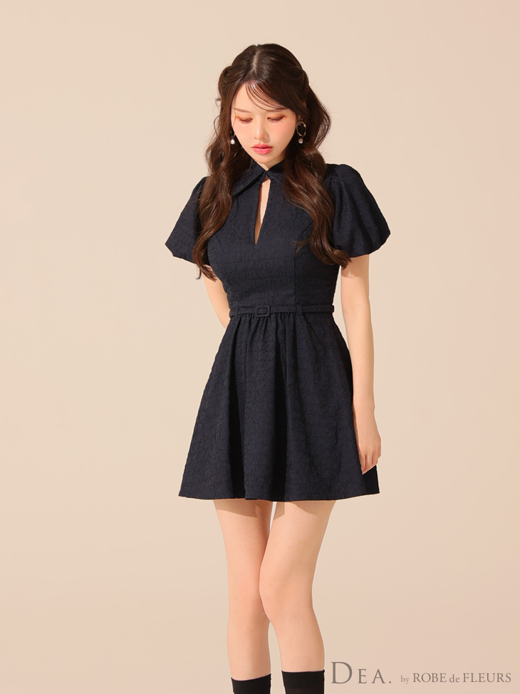 DEA. ディア バイ ローブドフルール ワッフル素材クラシカル襟付きフレアミニキャバドレス de4319
