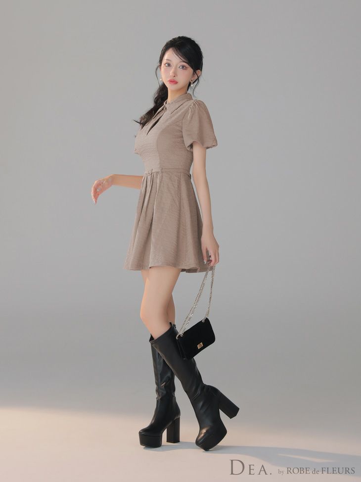 DEA. ディア バイ ローブドフルール ワッフル素材クラシカル襟付きフレアミニキャバドレス de4319