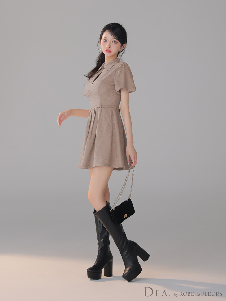 DEA. ディア バイ ローブドフルール ワッフル素材クラシカル襟付きフレアミニキャバドレス de4319