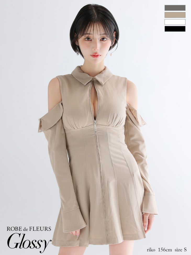 Glossy ローブドフルールグロッシー 【XSサイズあり】オフショルダーカットデザインフレアミニキャバドレス gl4126