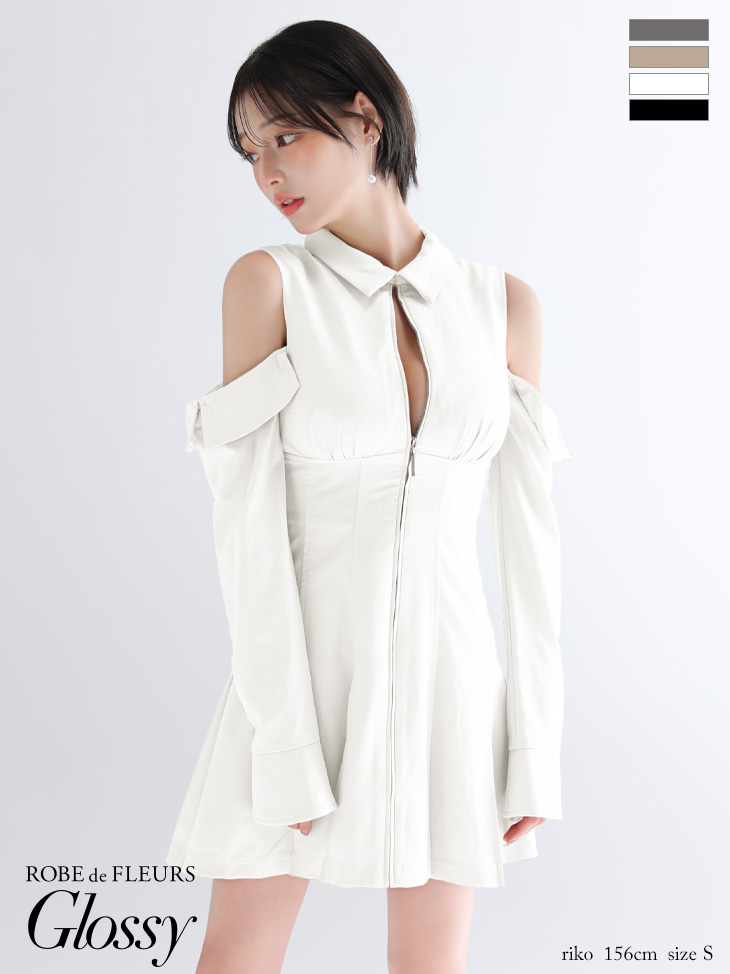 Glossy ローブドフルールグロッシー 【XSサイズあり】オフショルダーカットデザインフレアミニキャバドレス gl4126