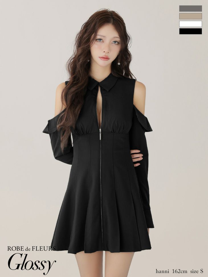 Glossy ローブドフルールグロッシー 【XSサイズあり】オフショルダーカットデザインフレアミニキャバドレス gl4126