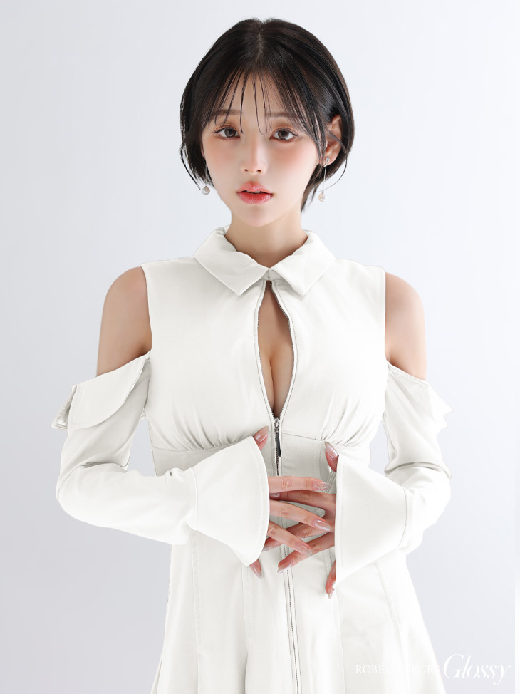 Glossy ローブドフルールグロッシー 【XSサイズあり】オフショルダーカットデザインフレアミニキャバドレス gl4126