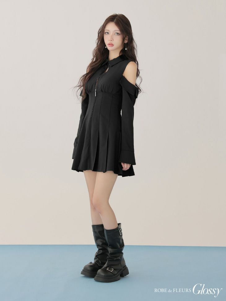 Glossy ローブドフルールグロッシー 【XSサイズあり】オフショルダーカットデザインフレアミニキャバドレス gl4126