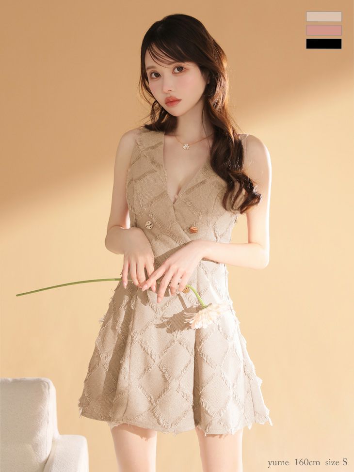 DEA. ディア バイ ローブドフルール 【XS~Lサイズあり】フリンジジャガードダブルボタンフレアミニキャバドレス de4311