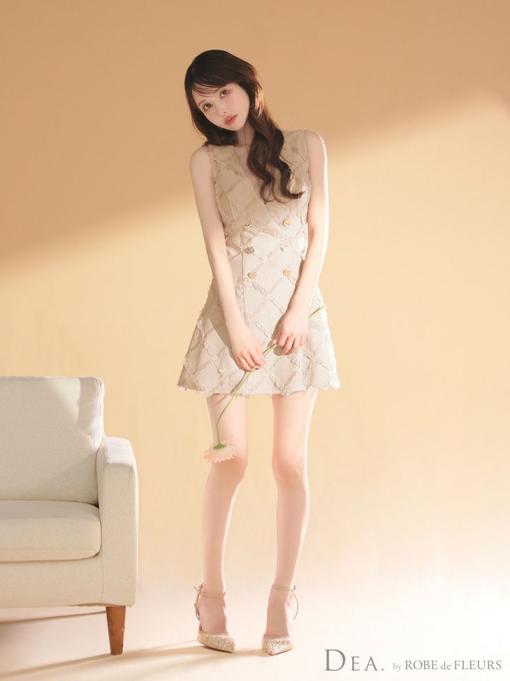 DEA. ディア バイ ローブドフルール 【XS~Lサイズあり】フリンジジャガードダブルボタンフレアミニキャバドレス de4311