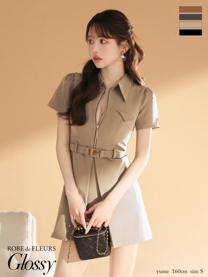 Glossy ローブドフルールグロッシー 【XS～Lサイズあり】シャツカラーウエストベルトフレアミニキャバドレス gl4617