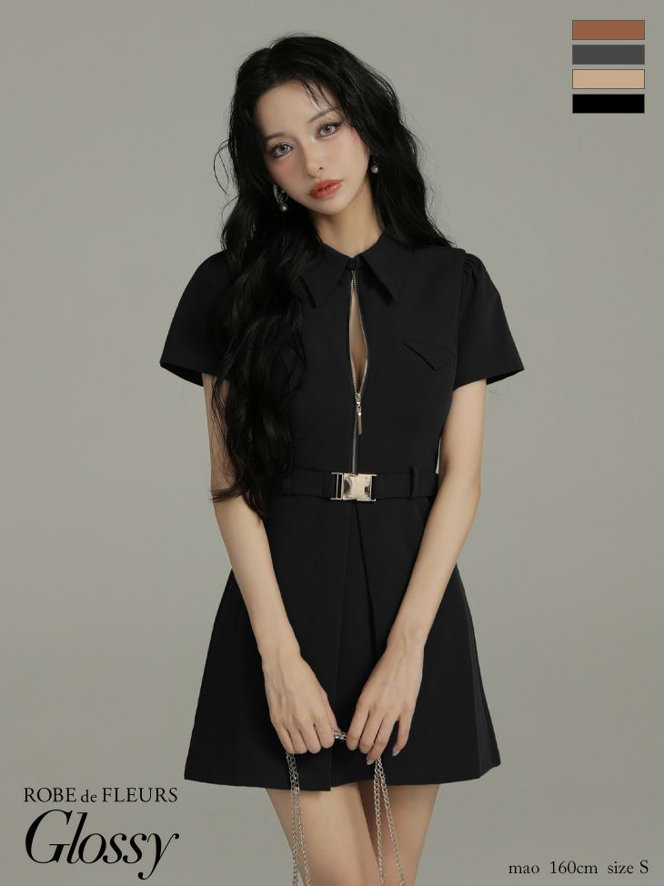 Glossy ローブドフルールグロッシー 【XS～Lサイズあり】シャツカラーウエストベルトフレアミニキャバドレス gl4617